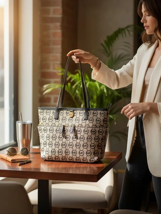 Michael Kors Jet Set Travel Brown MK Signature Tote Black Trim Gold Medallion - Picture 4 of 9